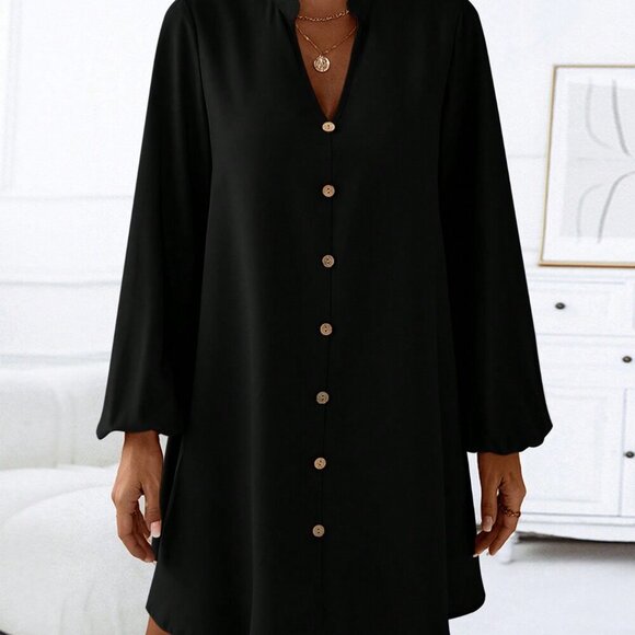 Black Casual Women's Button Front Lantern Sleeve Dress - Picture 7 of 7
